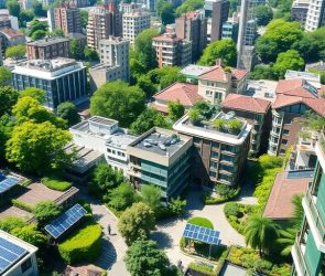 Ville verte avec bâtiments écologiques et nature luxuriante.
