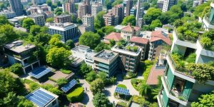 Ville verte avec bâtiments écologiques et nature luxuriante.