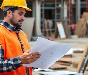 Ouvrier examinant des documents de facturation sur un chantier.