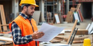 Ouvrier examinant des documents de facturation sur un chantier.
