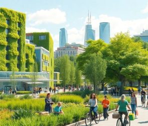 Ville verte avec bâtiments écologiques et espaces publics animés.