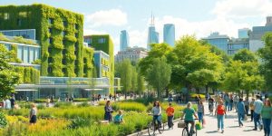 Ville verte avec bâtiments écologiques et espaces publics animés.