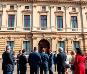 Des membres du Sénat discutent devant le bâtiment historique.