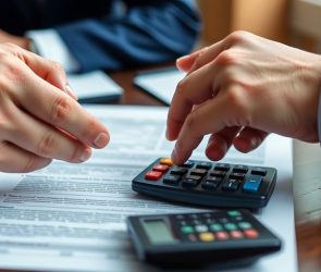 Deux mains se serrant au-dessus de documents financiers.