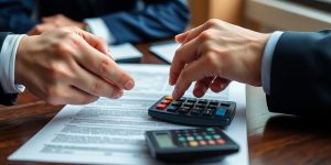 Deux mains se serrant au-dessus de documents financiers.