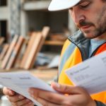 Travailleur vérifiant des factures sur un chantier.