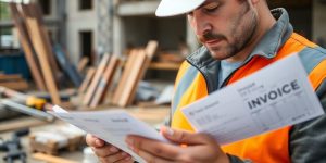 Travailleur vérifiant des factures sur un chantier.