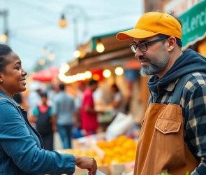 Un entrepreneur local au marché, illustrant la collaboration.