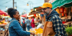 Un entrepreneur local au marché, illustrant la collaboration.