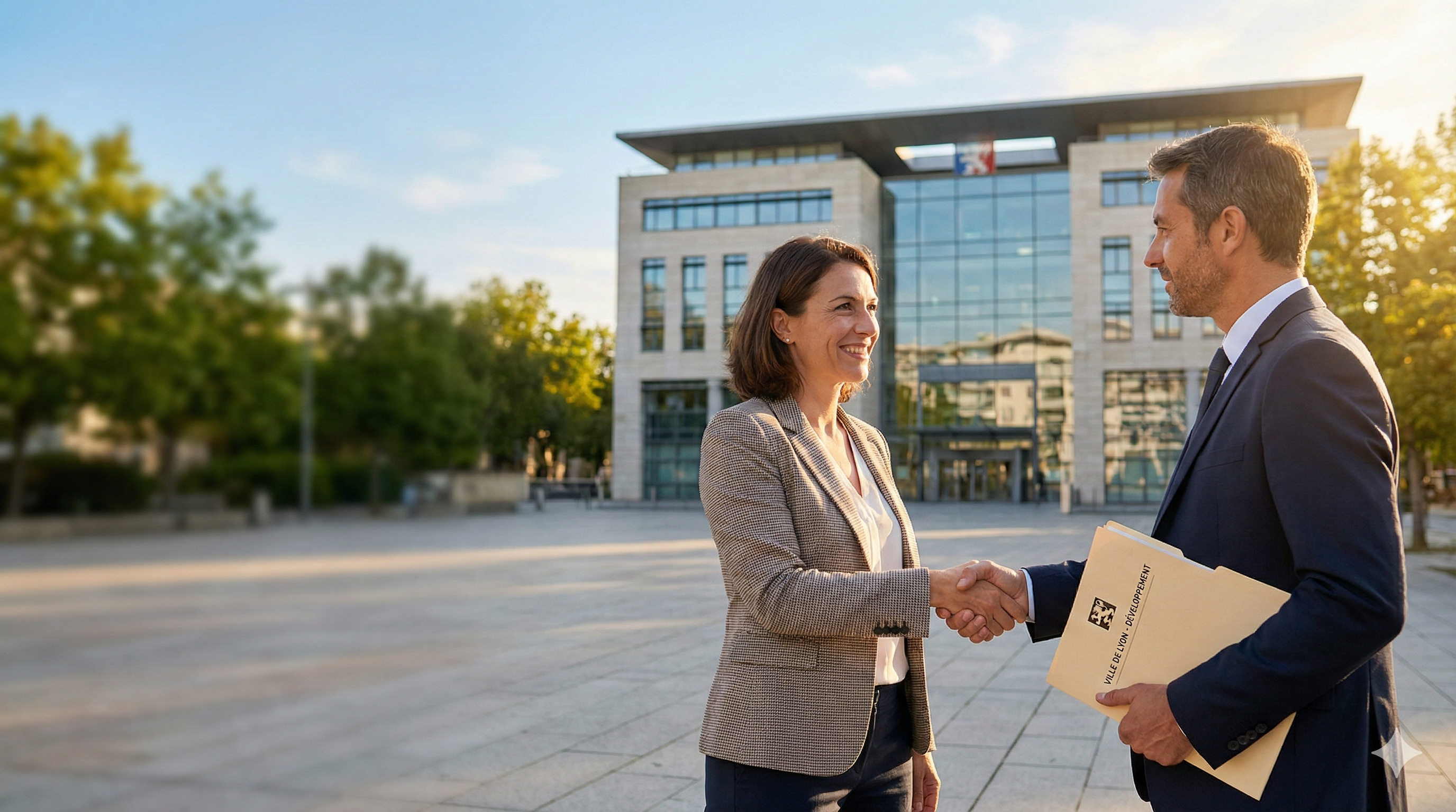 Poignée de main entre un fournisseur et un acheteur public devant une mairie